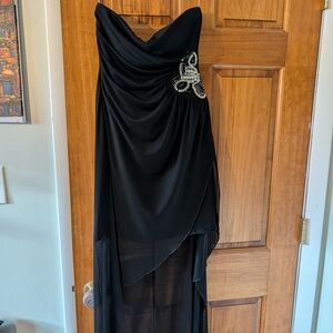 Teeze Me Black Strapless High-Low Evening Dress with Beaded Accent